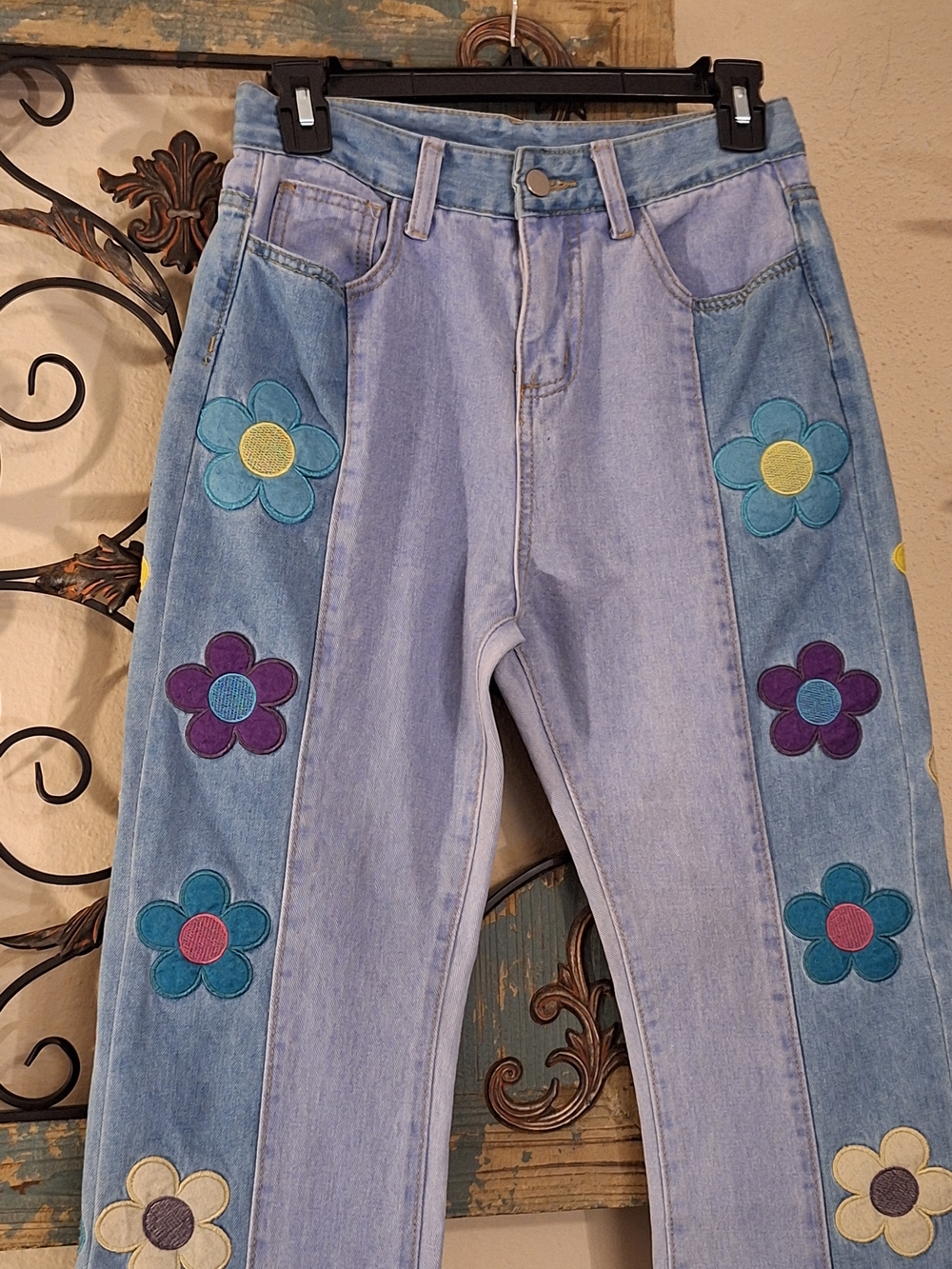 Light Blue Flare Jeans with Colorful Floral Side Panels. NWOT Size Small - Picture 9 of 12
